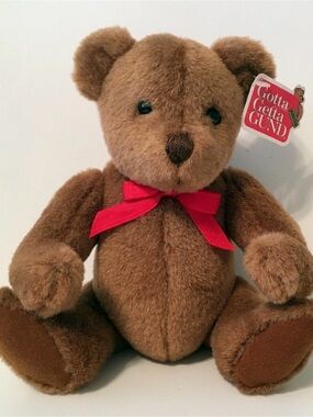 GUND Brown Teddy Bear Plush with Red Bow VINTAGE Buzby